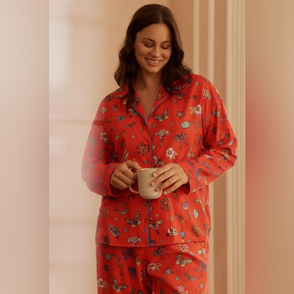 Anthropologie LyreBird Cloud Flannel XXS PJ‎ Top Red Floral Butterfly ButtonDown
